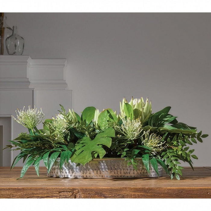 11"Hx30"W Protea & Philo Leaf Silk Flower Arrangement w/Metal Planter -Cream/Green - WF0790-CR/GR