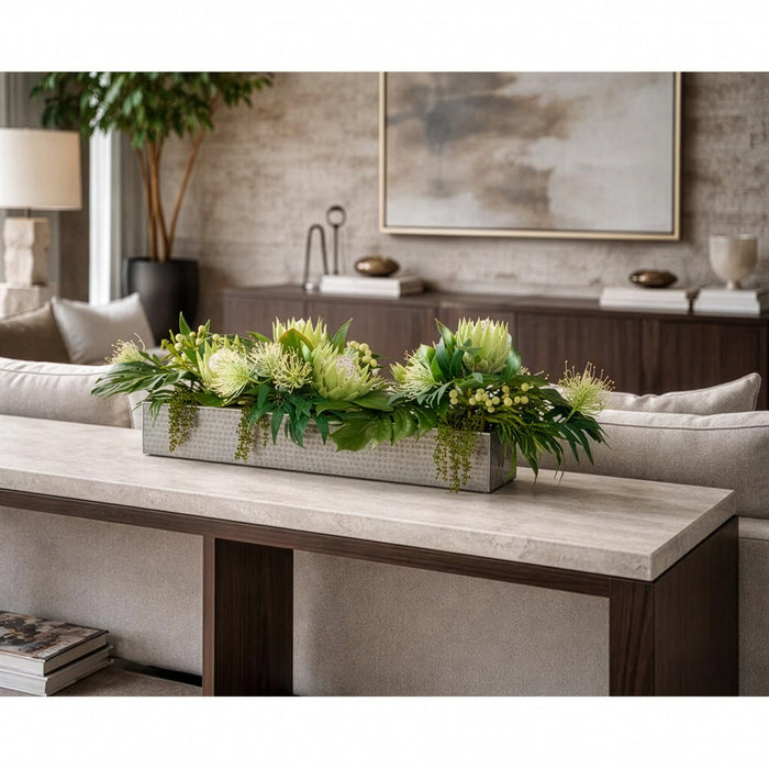 13"Hx44"W Protea & Philo Leaf Silk Flower Arrangement w/Metal Planter -Cream/Green - WF0791-CR/GR