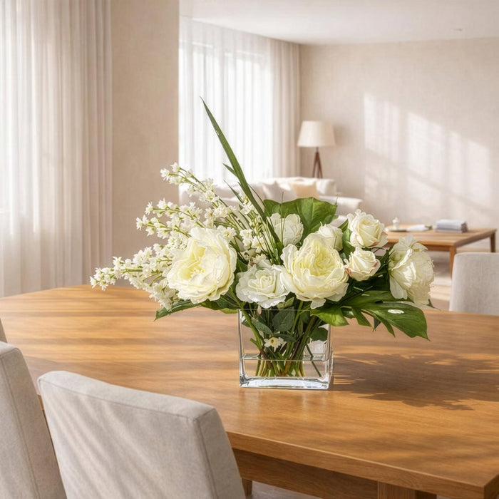 21"Hx27"W Larkspur, Peony & Rose Silk Flower Arrangement w/Glass Vase -Cream/White - WF0795-CR/WH