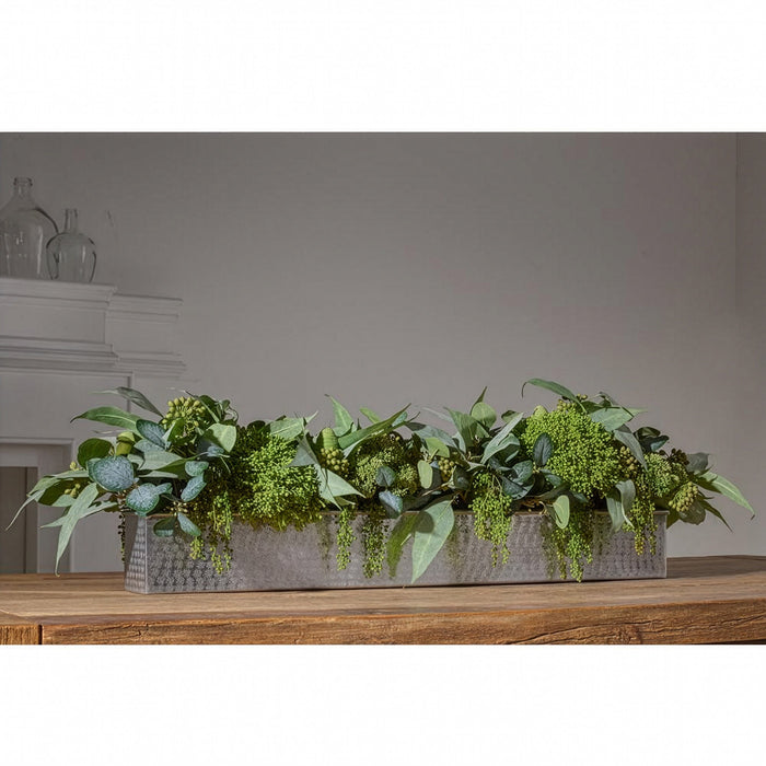 11"Hx45"W Eucalyptus Leaf & Sedum Artificial Flower Arrangement w/Long Metal Planter -2 Tone Green - WF0796-GR/TT