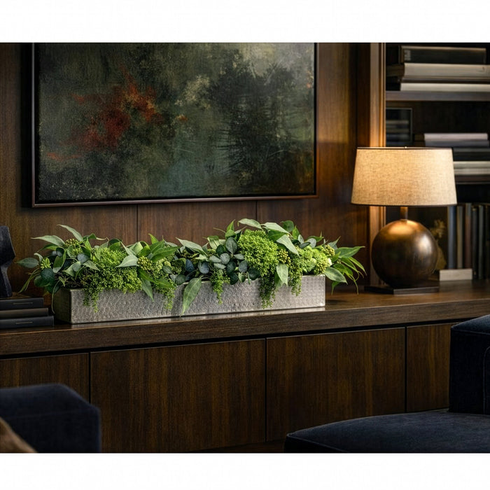 11"Hx45"W Eucalyptus Leaf & Sedum Artificial Flower Arrangement w/Long Metal Planter -2 Tone Green - WF0796-GR/TT