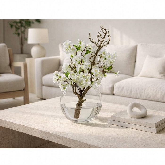 21"Hx15"W Cherry Blossom Branch Silk Flower Arrangement w/Glass Vase -White - WF0800-WH