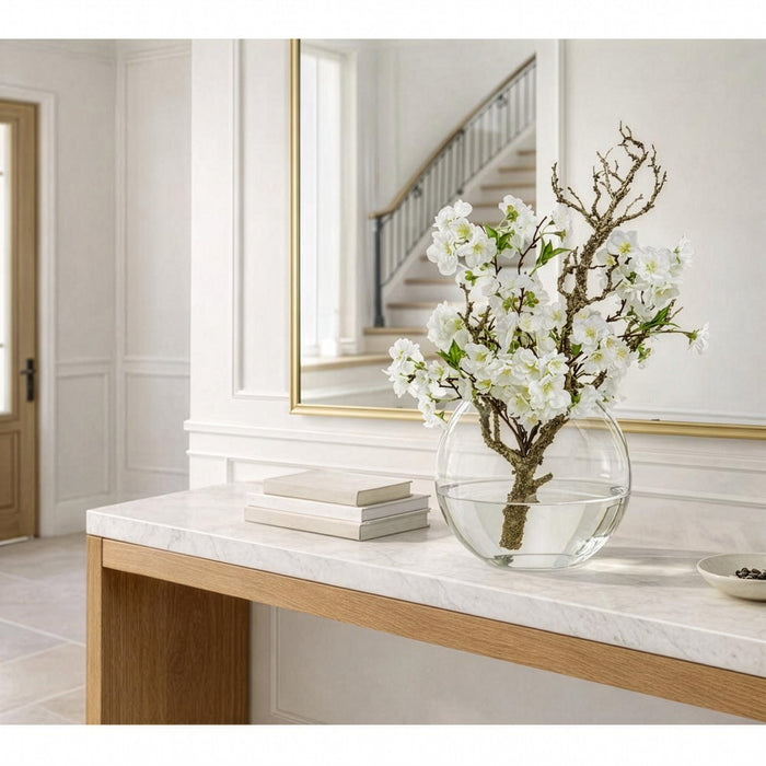 21"Hx15"W Cherry Blossom Branch Silk Flower Arrangement w/Glass Vase -White - WF0800-WH