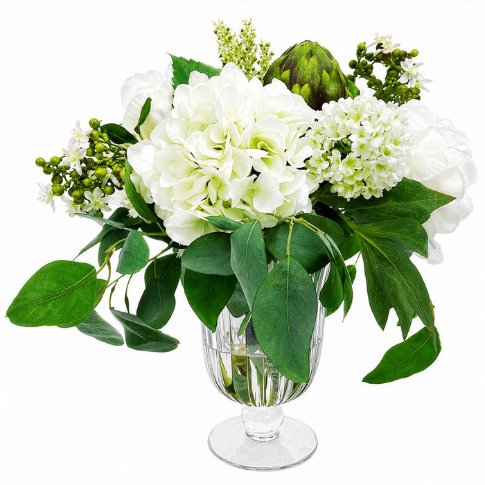 16"Hx19"W Hydrangea, Peony & Artichoke Silk Flower Arrangement w/Glass Vase -White/Green - WF0813-WH/GR