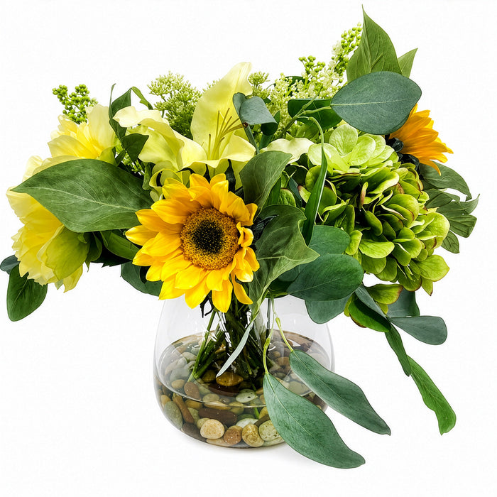 17"Hx23"W Hydrangea, Peony & Sunflower Silk Flower Arrangement w/Glass Vase -Yellow/Green - WF0815-YE/GR
