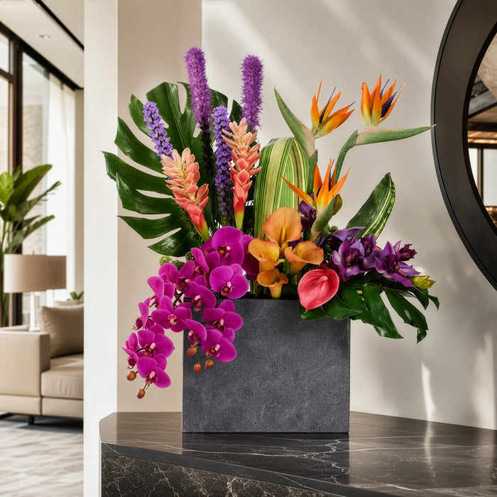 33"Hx30"W Mixed Tropical Silk Flower Arrangement w/Cement Planter -Mixed Colors - WF0840-MX