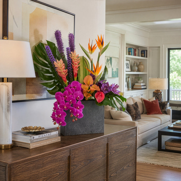 33"Hx30"W Mixed Tropical Silk Flower Arrangement w/Cement Planter -Mixed Colors - WF0840-MX