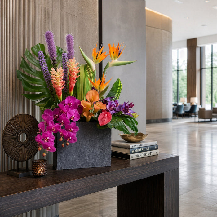 33"Hx30"W Mixed Tropical Silk Flower Arrangement w/Cement Planter -Mixed Colors - WF0840-MX