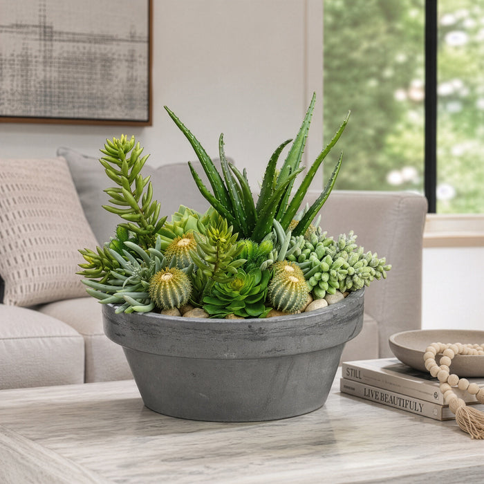 15"Hx15"W Succulent Artificial Plant w/Fiber Cement Pot -Green - WF1590-GR
