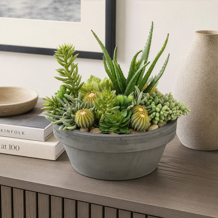15"Hx15"W Succulent Artificial Plant w/Fiber Cement Pot -Green - WF1590-GR