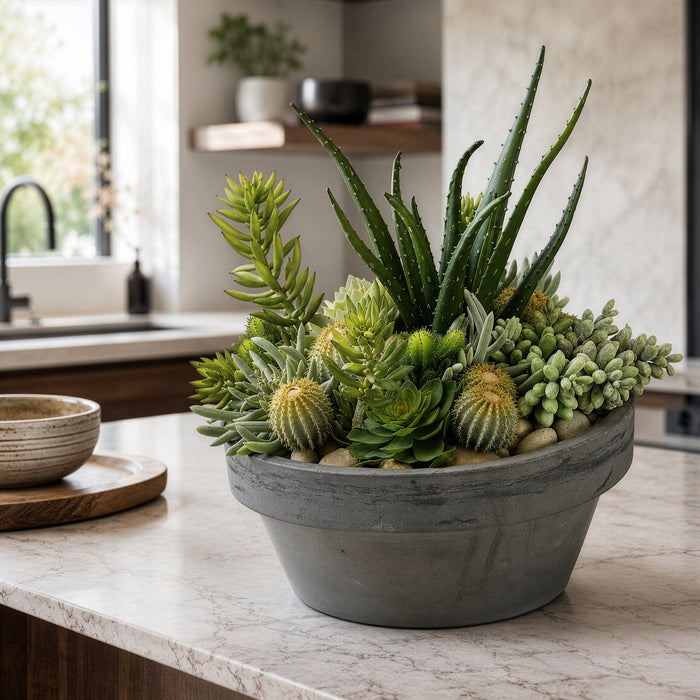 15"Hx15"W Succulent Artificial Plant w/Fiber Cement Pot -Green - WF1590-GR