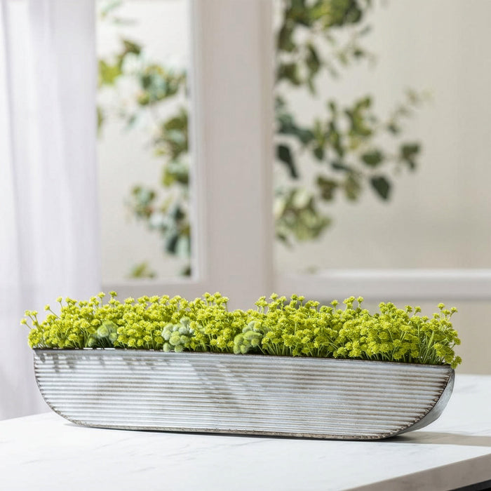 6"Hx22"W Baby's Breath & Meadow Flower Silk Flower Arrangement w/Tin Oval Container -Green - WF1732-GR