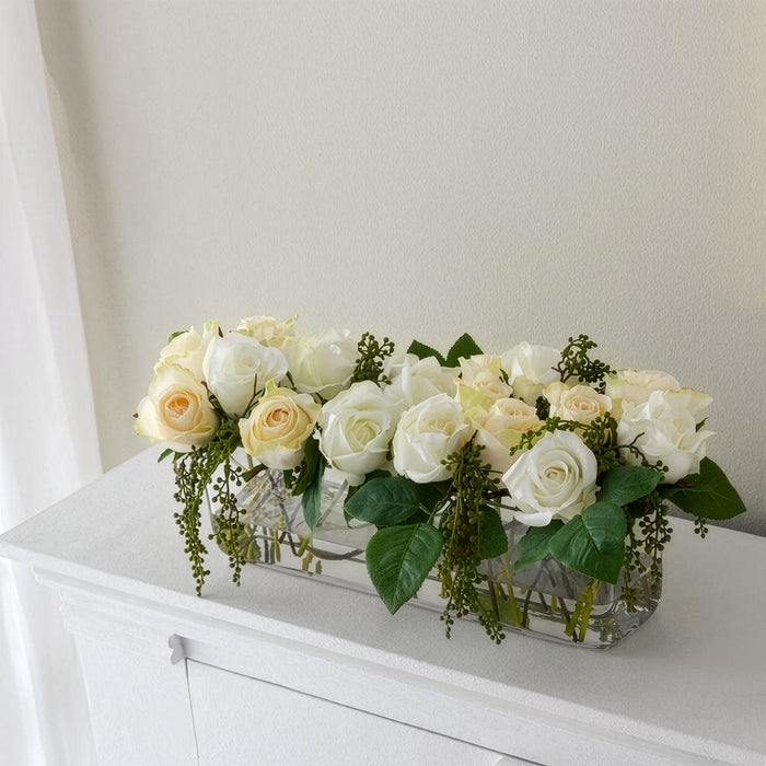 9"Hx19"W Rose & Berry Silk Flower Arrangement -White/Green - WF1756-WH/GR