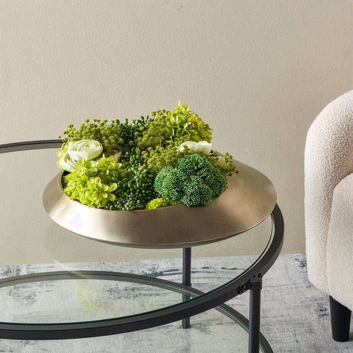 6"Hx19"W Hydrangea, Ranunculus & Sedum Silk Flower Arrangement w/Metal Vase -Green/Lime - WF1862-GR/LM