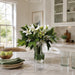 14"Hx15"W Silk Cymbidium Orchid Flower & Shikiba Arrangement w/Glass Vase -White/Green - WF9203-WH/GR