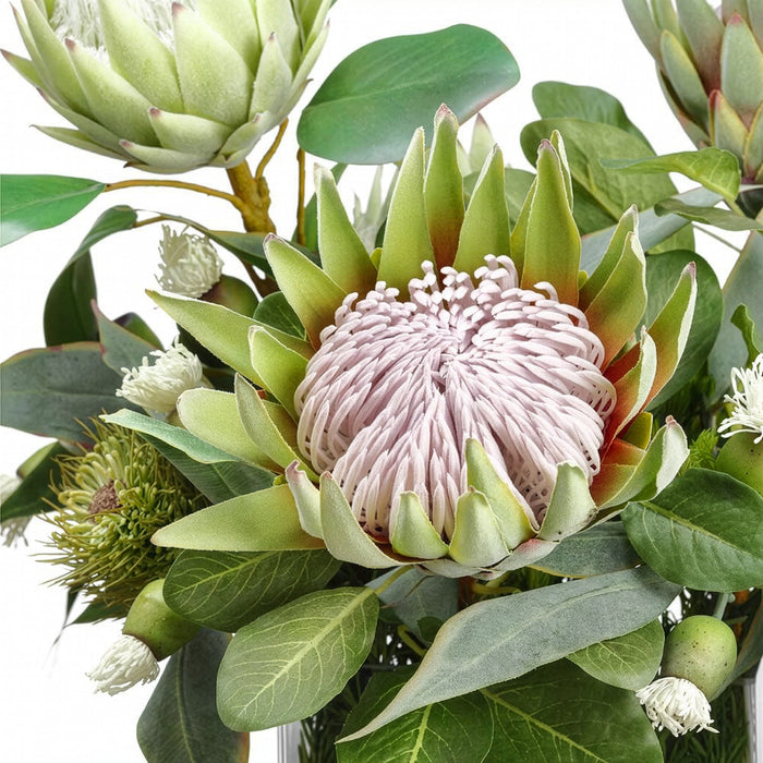 21" Artificial Protea, Rosemary & Wolly Flower Arrangement w/Glass Vase -Green - WF9282-GR
