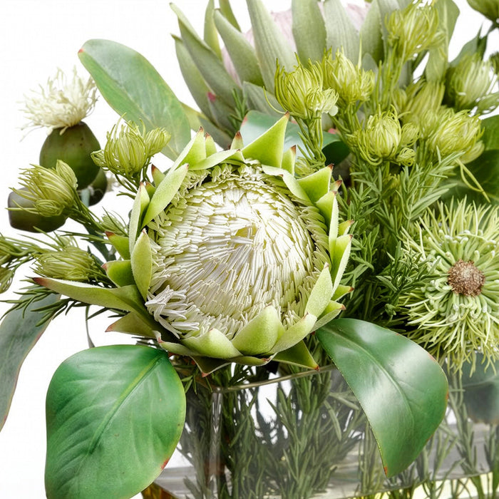 13"Hx23"W Artificial Protea, Eucalyptus & Rosemary Flower Arrangement w/Glass Vase -Green - WF9283-GR