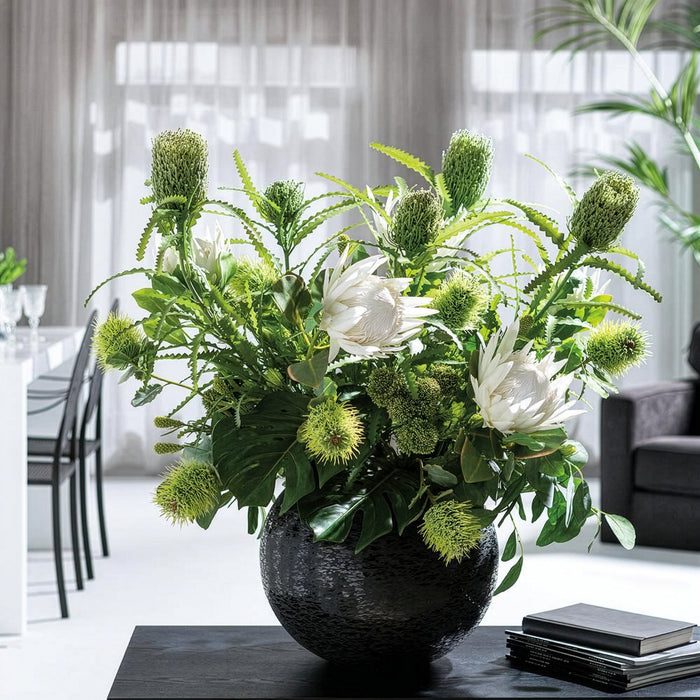 35.5"Hx31"W Protea, Banksia & Tropical Mixed Silk Flower Arrangement w/Aluminum Round Vase -Cream/Green - WF9292-CR/GR