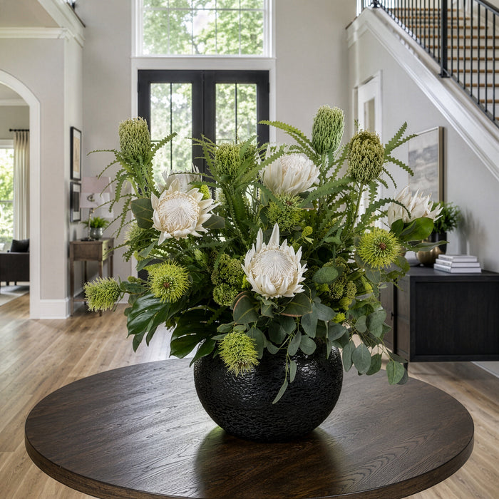 35.5"Hx31"W Protea, Banksia & Tropical Mixed Silk Flower Arrangement w/Aluminum Round Vase -Cream/Green - WF9292-CR/GR