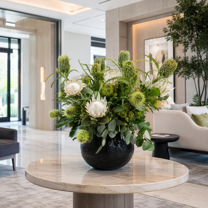 35.5"Hx31"W Protea, Banksia & Tropical Mixed Silk Flower Arrangement w/Aluminum Round Vase -Cream/Green - WF9292-CR/GR