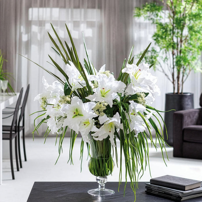 36"Hx33"W Casablanca Lily Silk Flower Arrangement w/Glass Vase -White/Green - WF9293-WH/GR