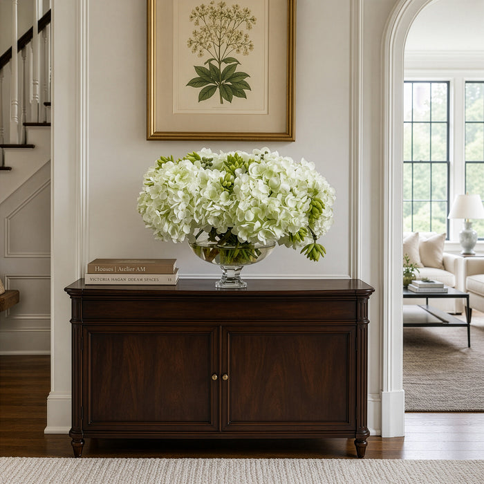 17" Silk Hydrangea Flower & Sedum Arrangement w/Footed Glass Vase -White/Green - WF9313-WH/GR