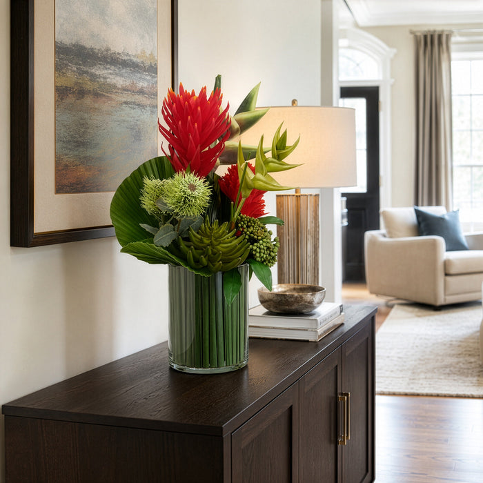 24.5"Hx17"W Artificial Protea, Bromeliad & Grass Flower Arrangement w/Glass Vase -Red/Green - WF9319-RE/GR