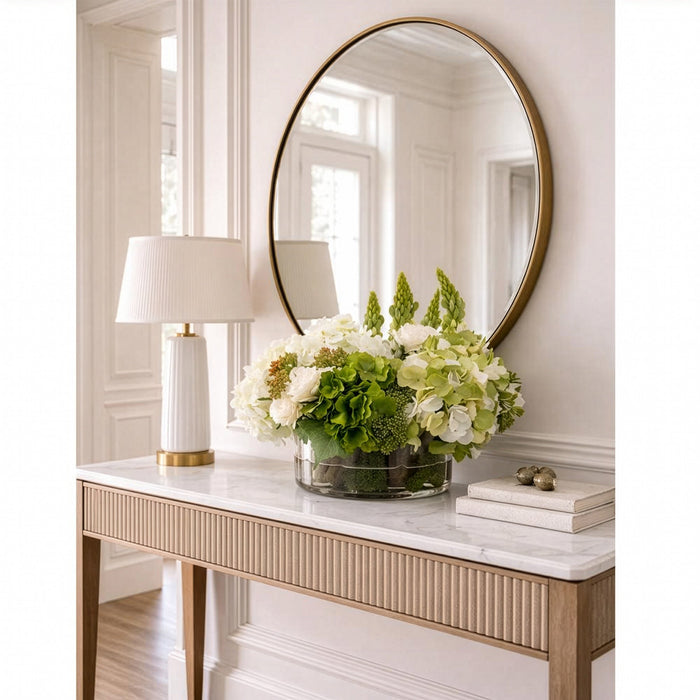 14"Hx19"W Silk Hydrangea, Rose & Lupinus Flower Arrangement w/Glass Vase -Green/White - WF9417-GR/WH