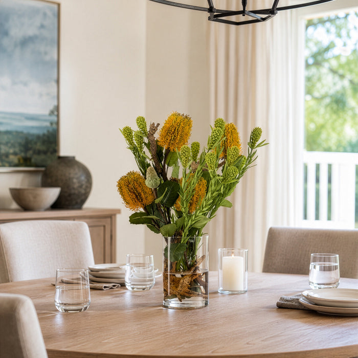 16"Hx13"W Leucadendron, Banksia & Driftwood Silk Flower Arrangement w/Glass Vase -Yellow/Green - WF9517-YE/GR