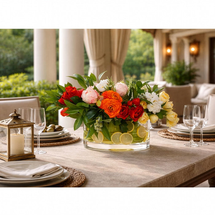 16"Hx25"W Ranunculus, Peony & Lemon Silk Flower Arrangement w/Glass Vase -Cream/Green - WF9518-CR/GR
