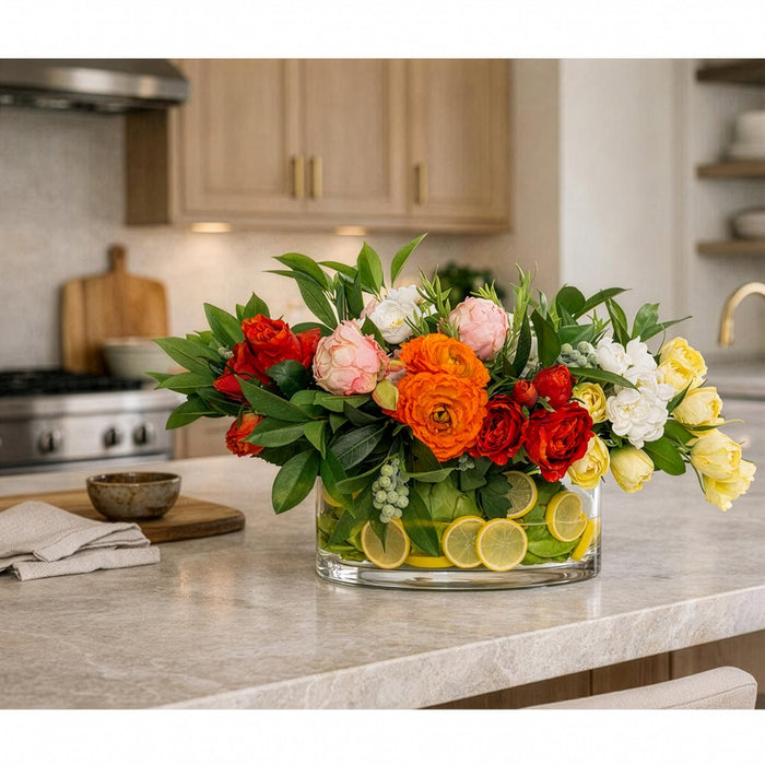 16"Hx25"W Ranunculus, Peony & Lemon Silk Flower Arrangement w/Glass Vase -Cream/Green - WF9518-CR/GR
