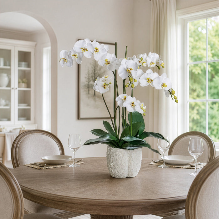 32"Hx25.5"W Phalaenopsis Orchid Silk Flower Arrangement w/Coral Vase -White/Green - WF9594-WH/GR