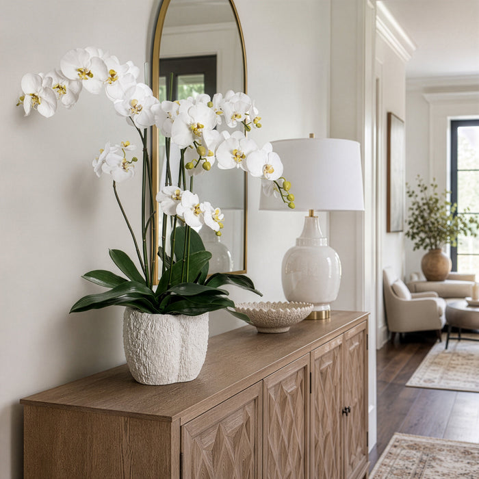 32"Hx25.5"W Phalaenopsis Orchid Silk Flower Arrangement w/Coral Vase -White/Green - WF9594-WH/GR