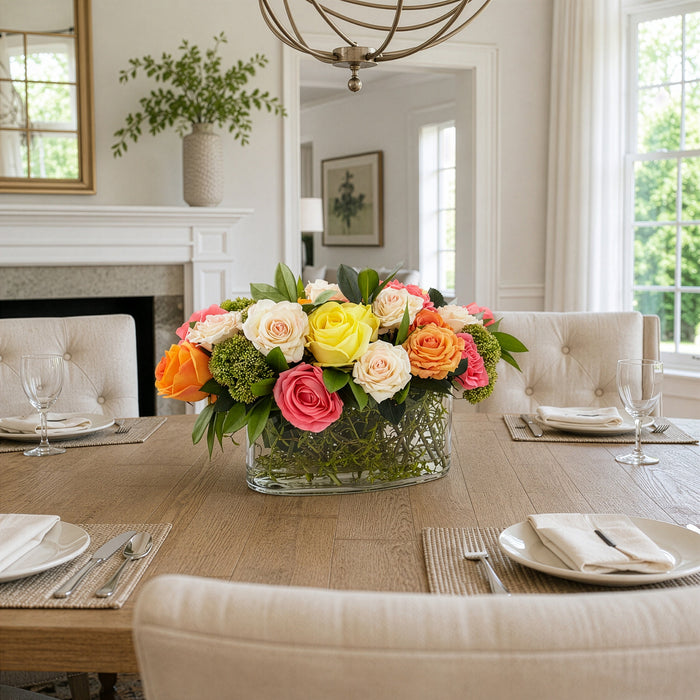 12"Hx22"W Real Touch Mixed Rose, Skimmia & Shikiba Leaf Silk Flower Arrangement w/Glass Vase -Mixed Colors - WF9605-MX
