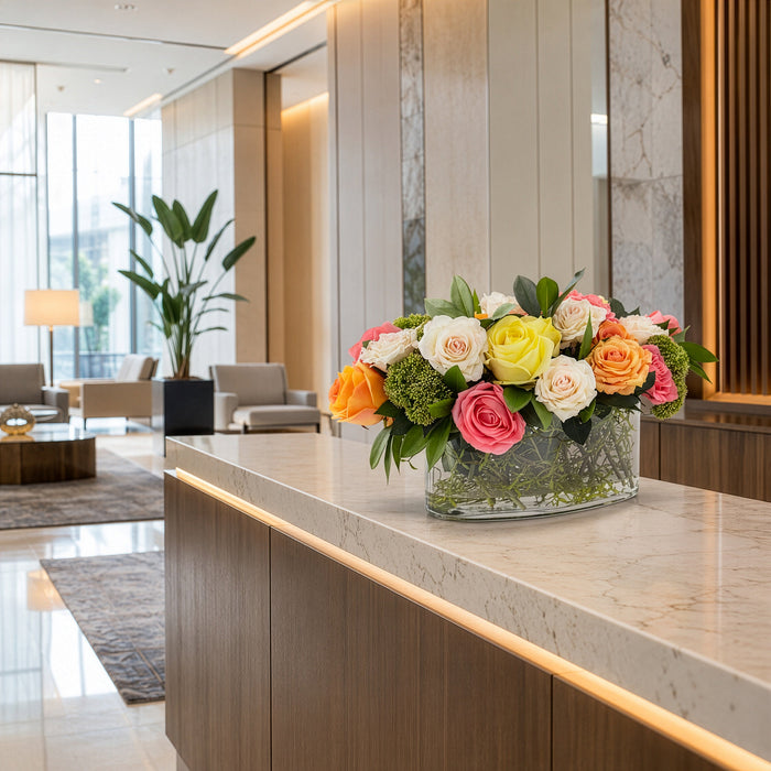 12"Hx22"W Real Touch Mixed Rose, Skimmia & Shikiba Leaf Silk Flower Arrangement w/Glass Vase -Mixed Colors - WF9605-MX