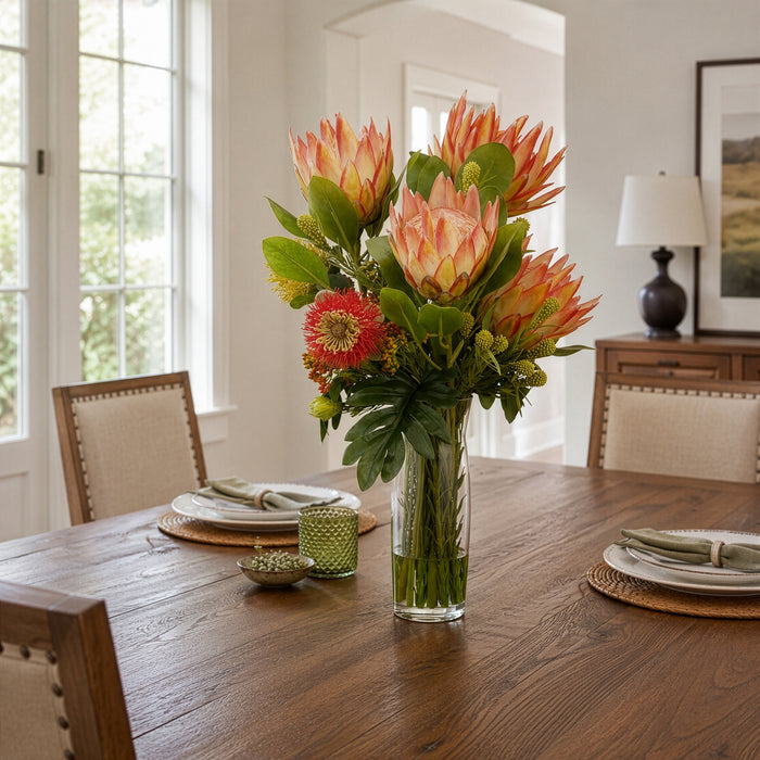 26"Hx17"W Protea & Leucospermum Silk Flower Arrangement -Orange/Green - WF9809-OR/GR