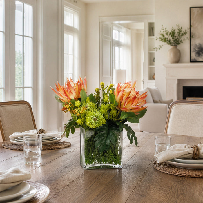 20"Hx19"W Protea, Leucospermum & Berry Silk Flower Arrangement -Orange/Green - WF9811-OR/GR