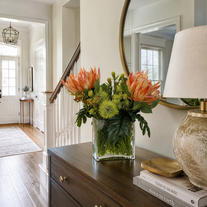 20"Hx19"W Protea, Leucospermum & Berry Silk Flower Arrangement -Orange/Green - WF9811-OR/GR