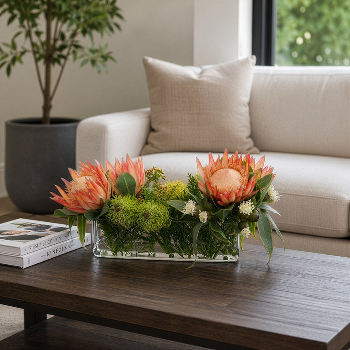 13"Hx24"W Protea & Eucalyptus Silk Flower Arrangement -Orange/Green - WF9812-OR/GR