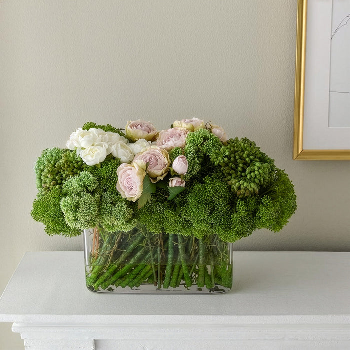 13" Artificial Sedum & Rose Flower Arrangement w/Rectangular Glass Vase -Green/Lilac - WF9837-GR/LI