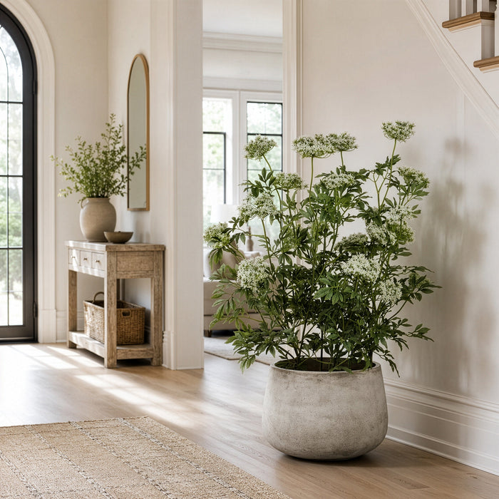 46" Silk Queen Anne's Lace Flower Arrangement w/Cement Pot -Green/White - WF9841-GR/WH