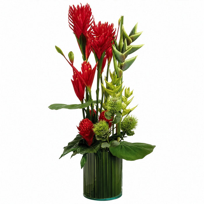 42.5" Mixed Silk Tropical Flower Arrangement w/Glass Vase -Orange/Red - WF9850-OR/RE