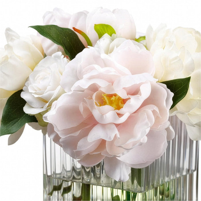 9"Hx12"W Silk Peony & Rose Flower Arrangement w/Glass Vase -White/Pink - WF9857-WH/PK