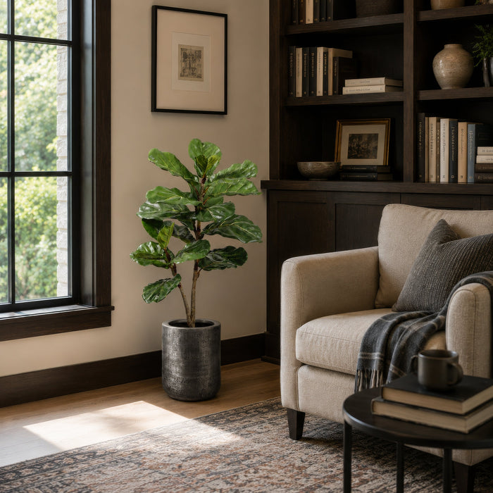 42" Silk Fiddle Leaf Fig Tree w/Textured Zinc Planter -Green - WP0711-GR
