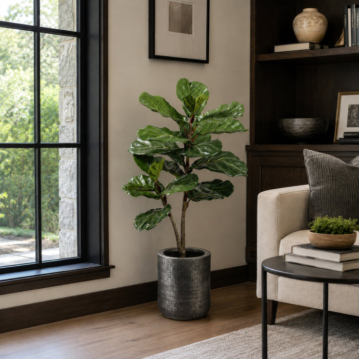 42" Silk Fiddle Leaf Fig Tree w/Textured Zinc Planter -Green - WP0711-GR