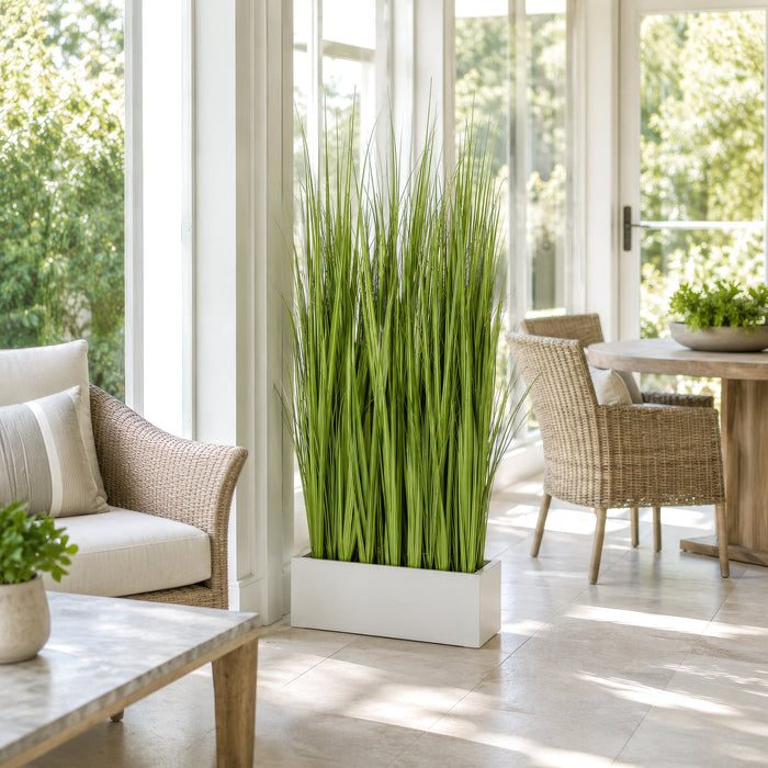 5'1"Hx30"W Wild Grass Wall Divider Artificial Plant w/White Fiberglass Planter -Light Green - WP0734-GR/LT