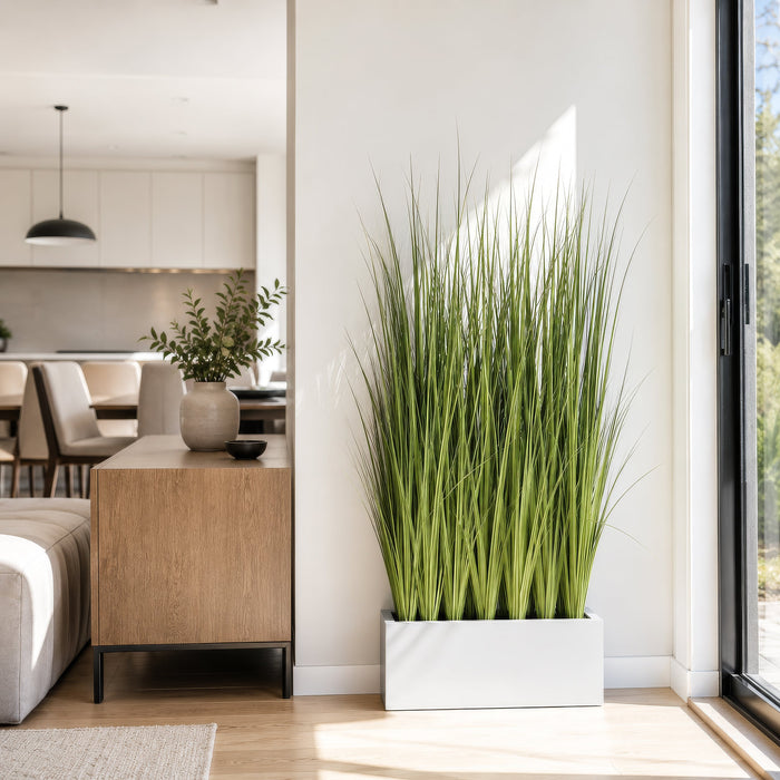 5'1"Hx30"W Wild Grass Wall Divider Artificial Plant w/White Fiberglass Planter -Light Green - WP0734-GR/LT