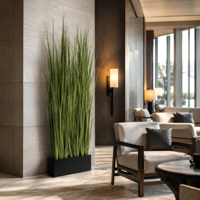 7'2"Hx30"W Wild Grass Wall Divider Artificial Plant w/Black Fiberglass Planter -Light Green - WP0735-GR/LT