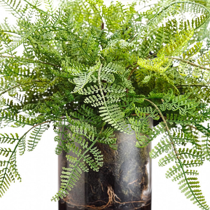 17"Hx20"W Lace Fern Silk Plant w/Soft Soil In Glass Vase -Green - WP8007-GR