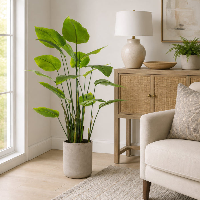 4'7"Hx26"W Silk Banana Leaf Palm Tree w/Cement Planter -Green - WP8290-GR